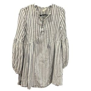 Ulla Johnson - Linen Dress Blue/Gray and White Stripes Flowy Balloon Sleeve